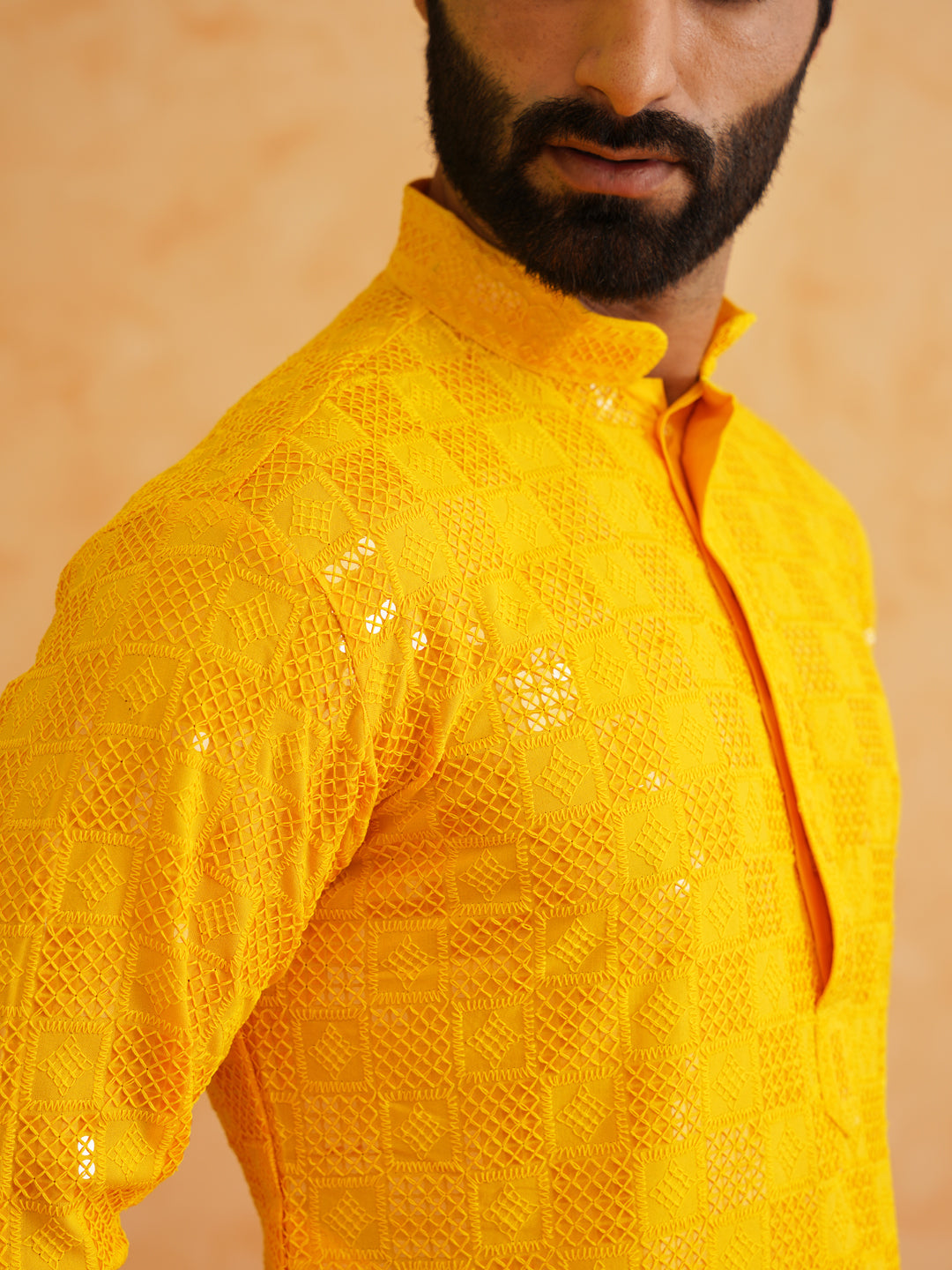 Men's Cotton Embroidered Sequinned Mustard Kurta With white churidar Pyjama