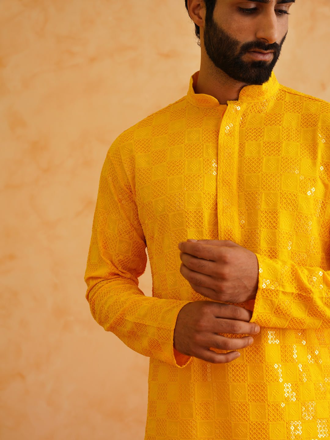 Men's Cotton Embroidered Sequinned Mustard Kurta With white churidar Pyjama