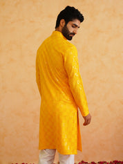 Men's Cotton Embroidered Sequinned Mustard Kurta With white churidar Pyjama