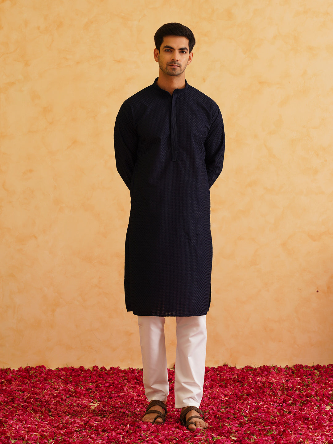 Men's Geometric Embroidered Thread Work Cotton Straight Navy Blue Kurta With white churidar