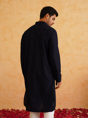 Men's Geometric Embroidered Thread Work Cotton Straight Navy Blue Kurta With white churidar