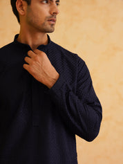 Men's Geometric Embroidered Thread Work Cotton Straight Navy Blue Kurta With white churidar