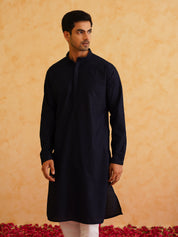 Men's Geometric Embroidered Thread Work Cotton Straight Navy Blue Kurta With white churidar