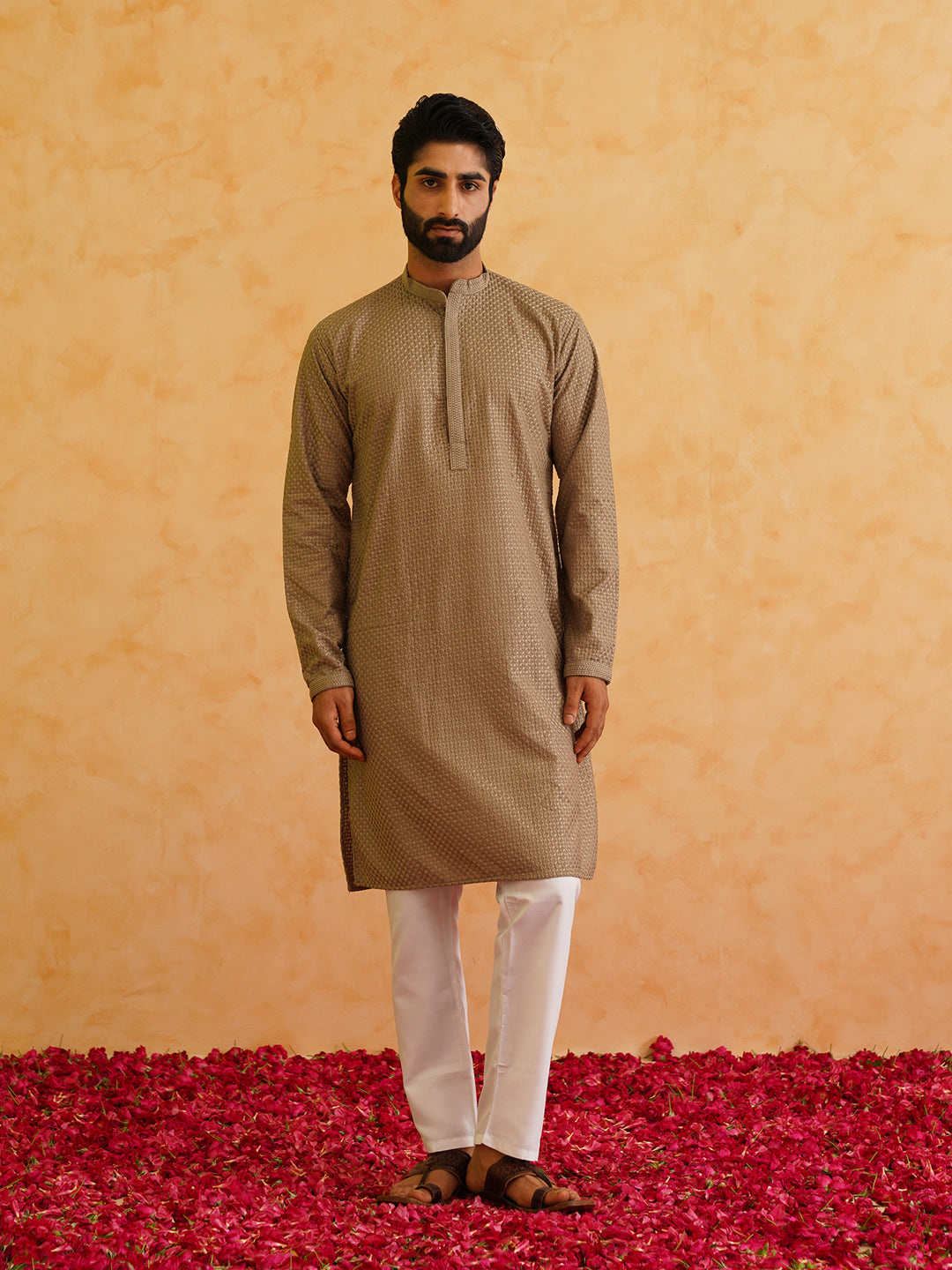 Men's Cotton Embroidered Thread Work Brown Kurta With white churidar Pyjama