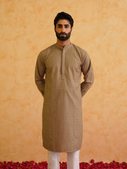 Men's Cotton Embroidered Thread Work Brown Kurta With white churidar Pyjama