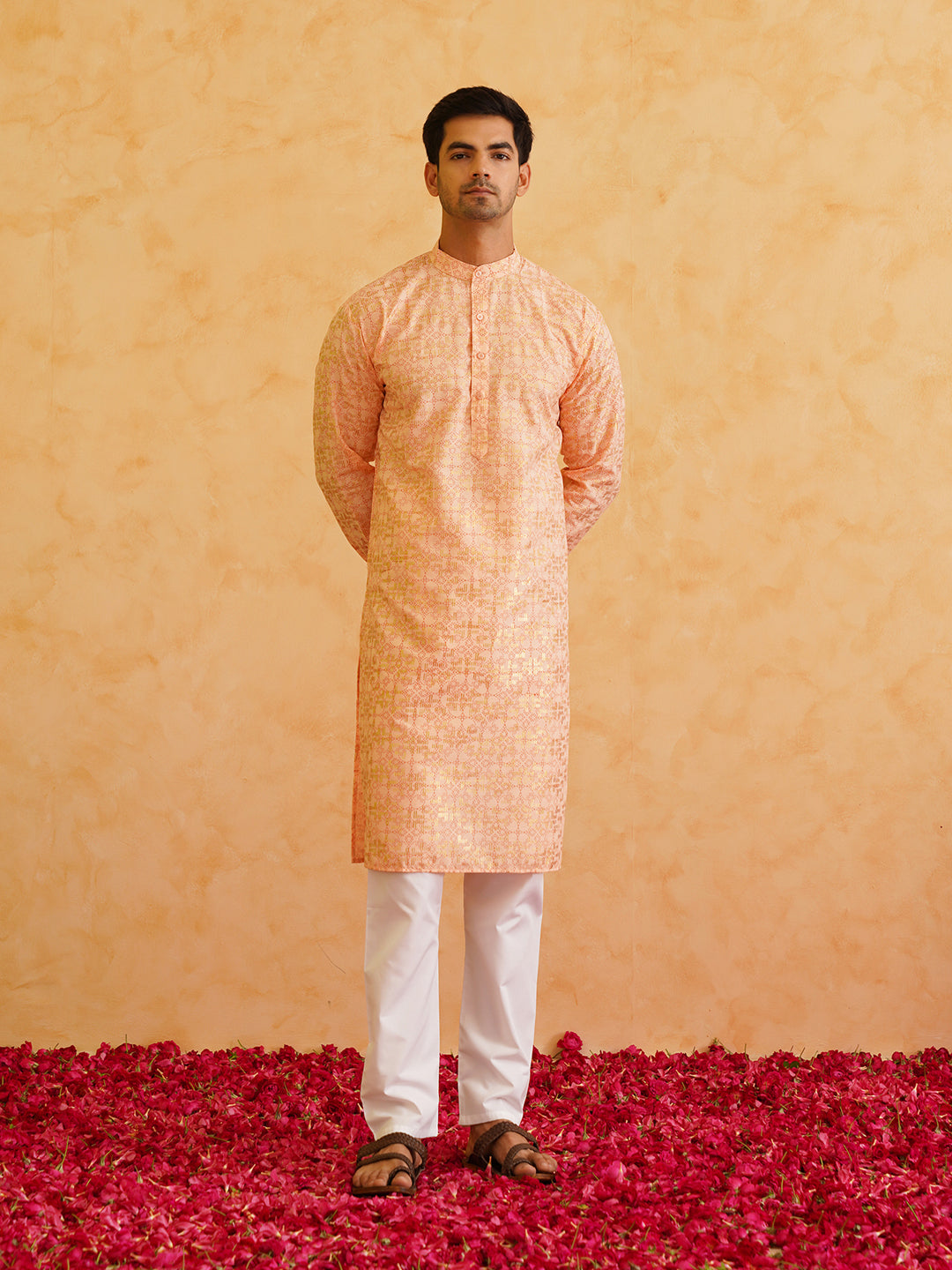 Men's Cotton foil printed Peach Kurta with Churidaar Pyjama