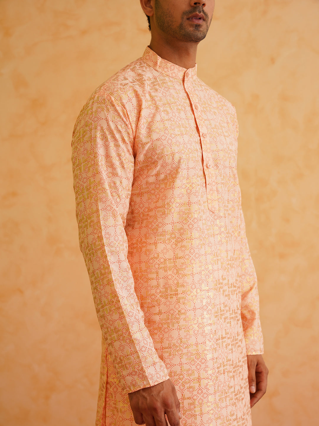 Men's Cotton foil printed Peach Kurta with Churidaar Pyjama