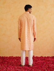 Men's Cotton foil printed Peach Kurta with Churidaar Pyjama