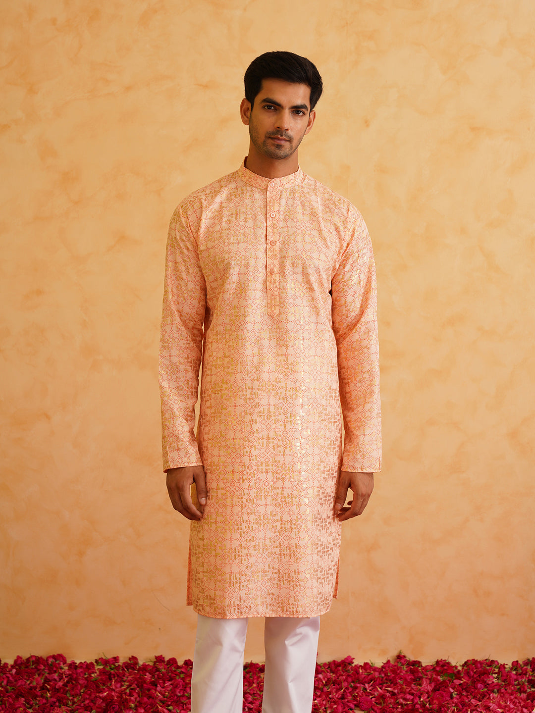 Men's Cotton foil printed Peach Kurta with Churidaar Pyjama