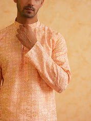 Men's Cotton foil printed Peach Kurta with Churidaar Pyjama