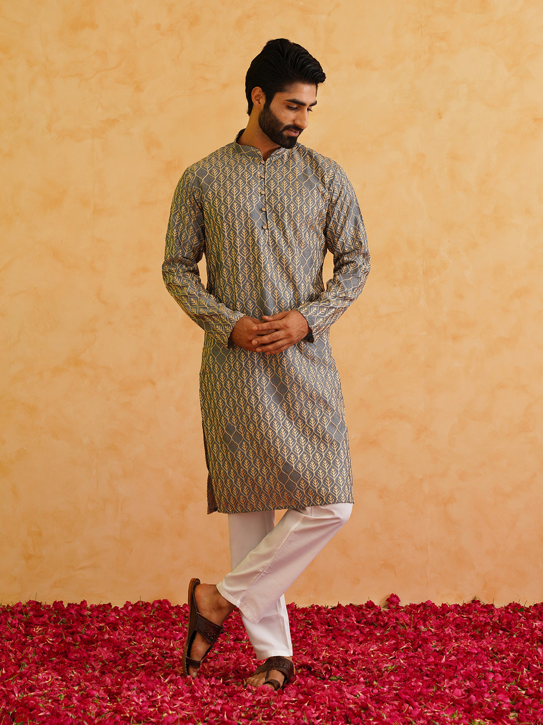 Men's Cotton Gold Thread Embroidered Light Grey Kurta With Churidaar Pyjama