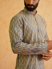 Men's Cotton Gold Thread Embroidered Light Grey Kurta With Churidaar Pyjama