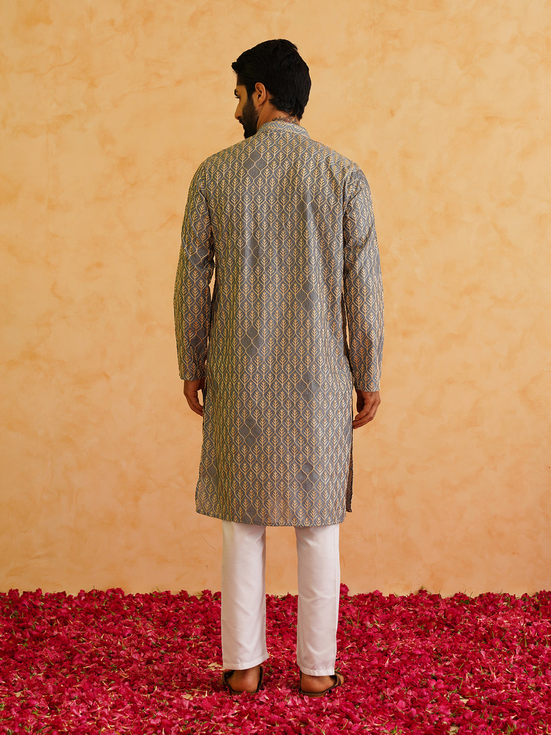 Men's Cotton Gold Thread Embroidered Light Grey Kurta With Churidaar Pyjama