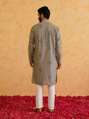 Men's Cotton Gold Thread Embroidered Light Grey Kurta With Churidaar Pyjama