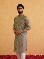 Men's Cotton Gold Thread Embroidered Light Grey Kurta With Churidaar Pyjama