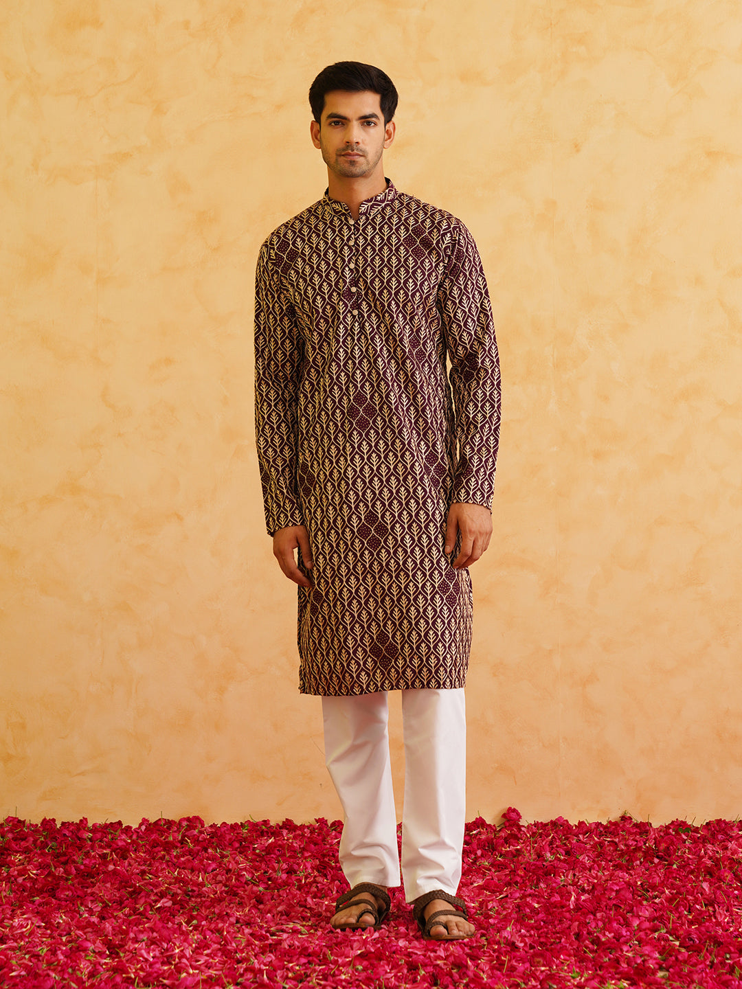 Men's Cotton Gold Thread Embroidered Wine Kurta With Churidaar Pyjama