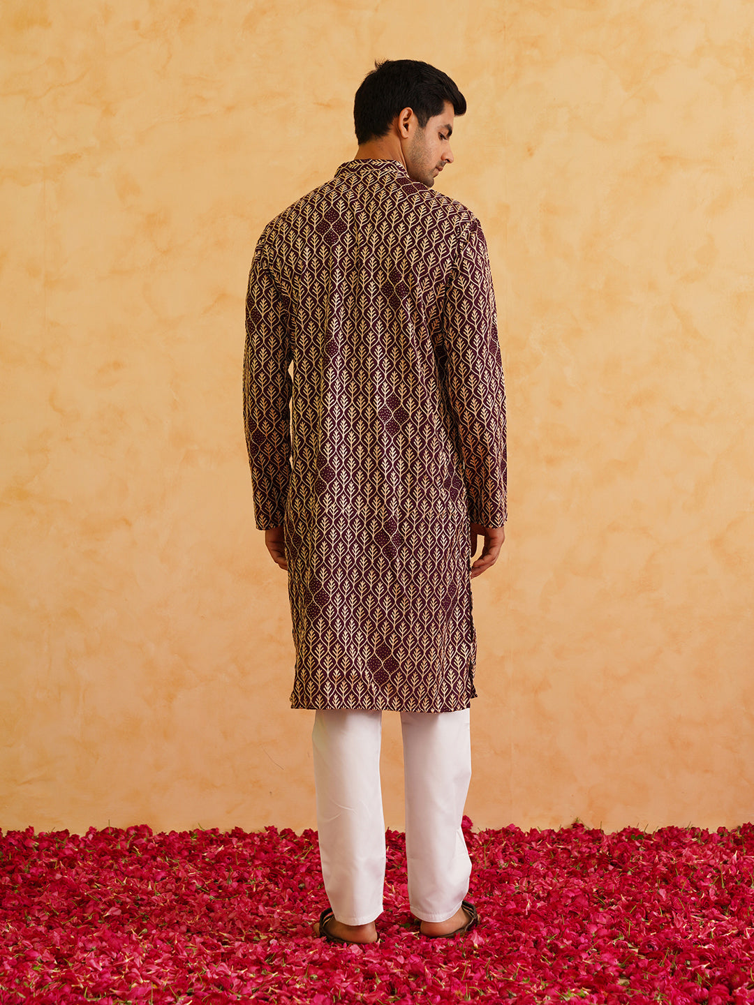 Men's Cotton Gold Thread Embroidered Wine Kurta With Churidaar Pyjama