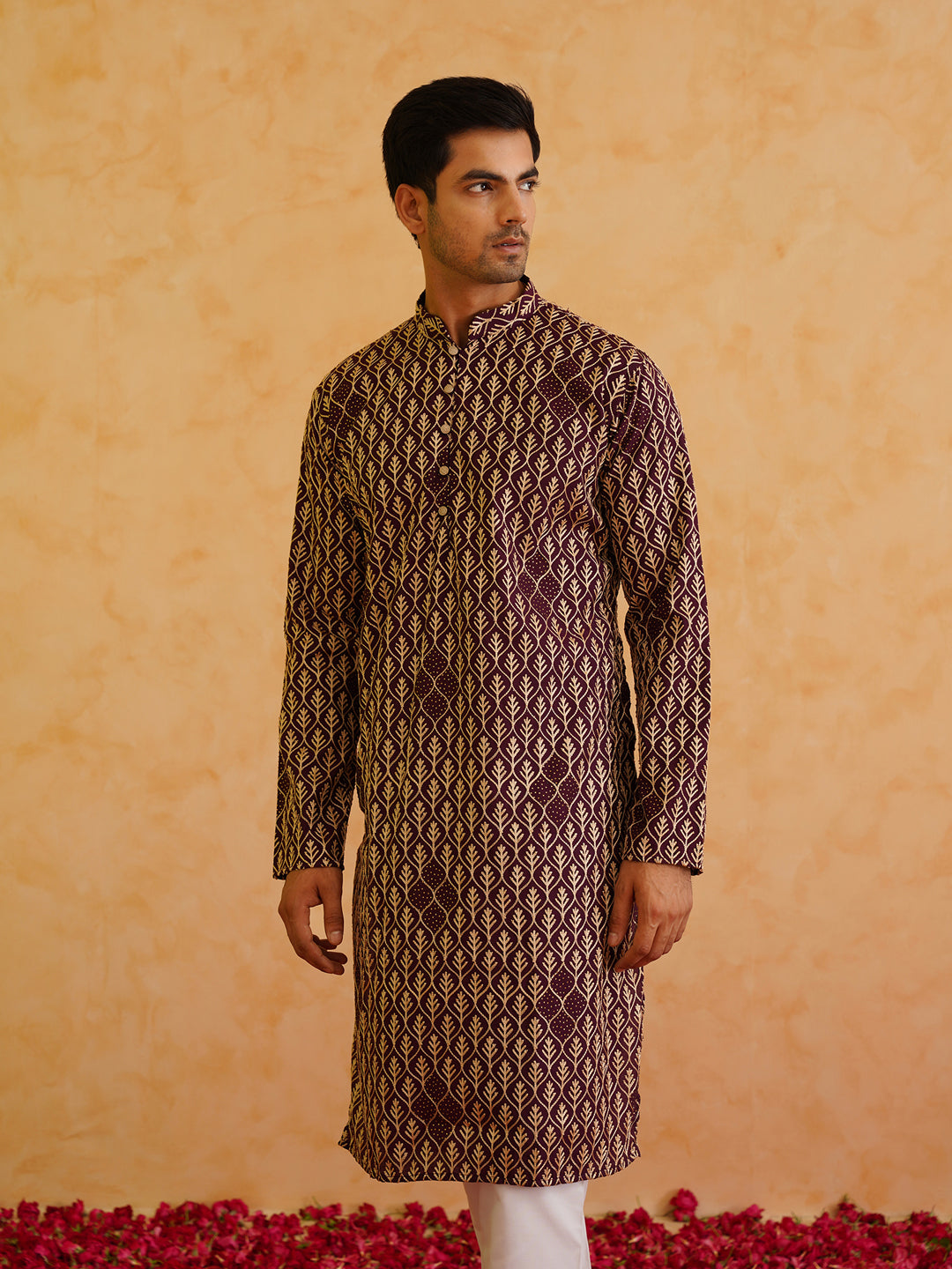 Men's Cotton Gold Thread Embroidered Wine Kurta With Churidaar Pyjama