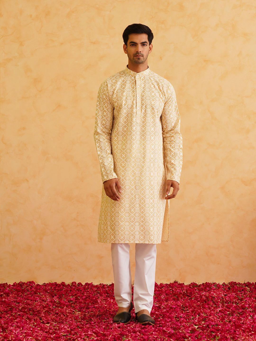 Men's Ethnic Motifs Embroidered Regular Thread Work Cotton Beige Kurta with Churidar