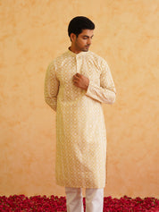 Men's Ethnic Motifs Embroidered Regular Thread Work Cotton Beige Kurta with Churidar