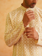 Men's Ethnic Motifs Embroidered Regular Thread Work Cotton Beige Kurta with Churidar