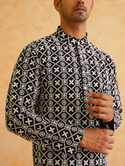 Men's Cotton Gold Sequence Embroidered Black Kurta with white Churidaar Pyjama