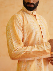Men's Cotton Silk Printed Mustard Kurta with Churidaar Pyjama