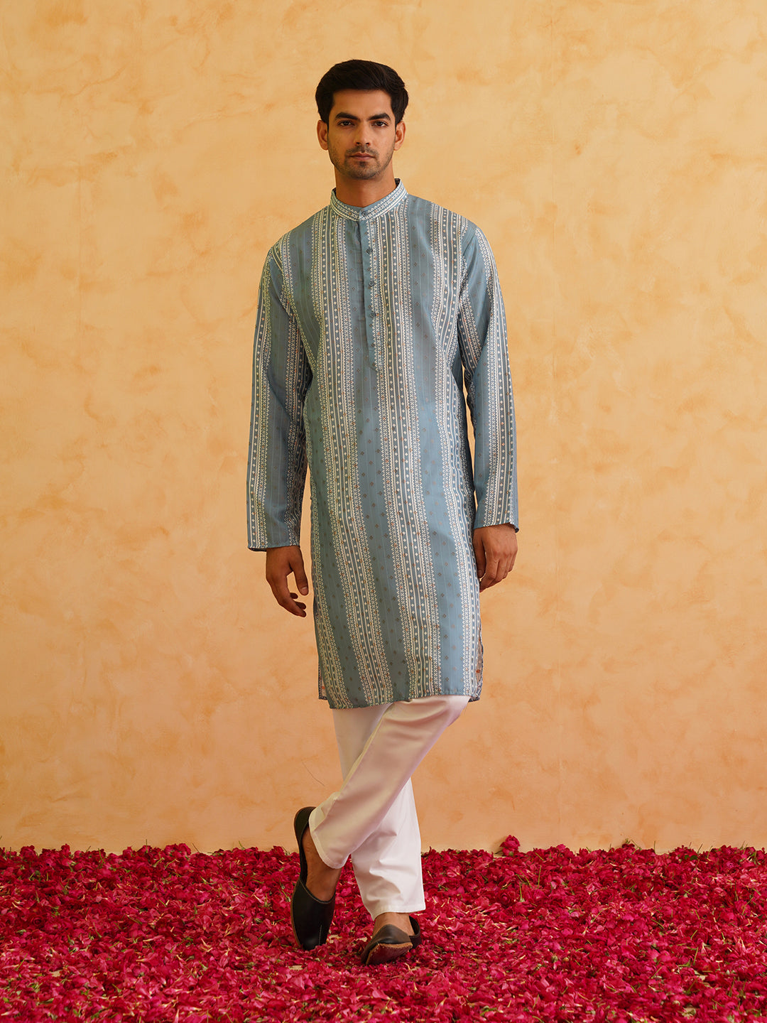 Men's Cotton Silk Printed Teal Blue Kurta with Churidaar Pyjama