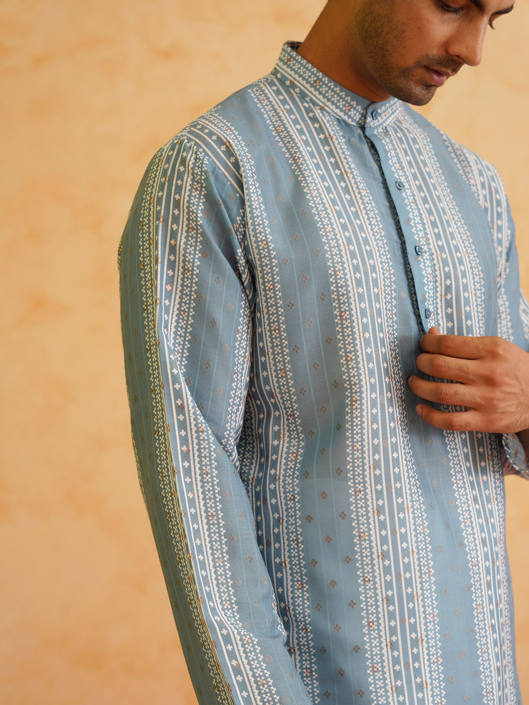 Men's Cotton Silk Printed Teal Blue Kurta with Churidaar Pyjama