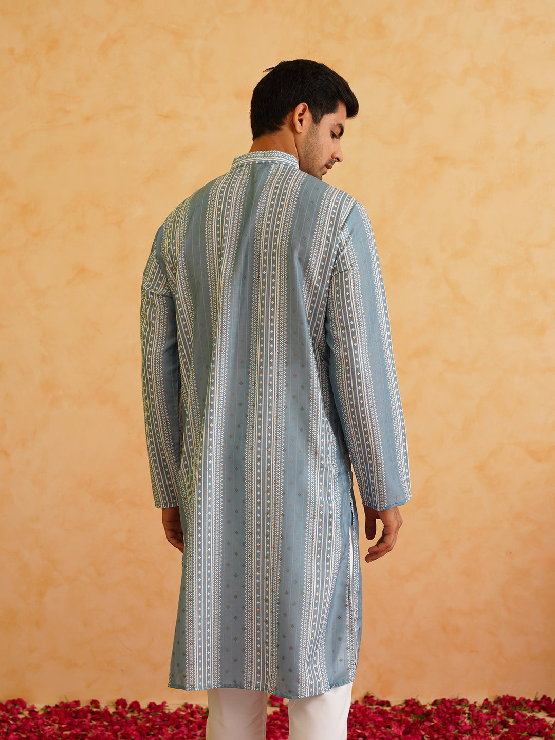 Men's Cotton Silk Printed Teal Blue Kurta with Churidaar Pyjama