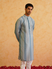 Men's Cotton Silk Printed Teal Blue Kurta with Churidaar Pyjama