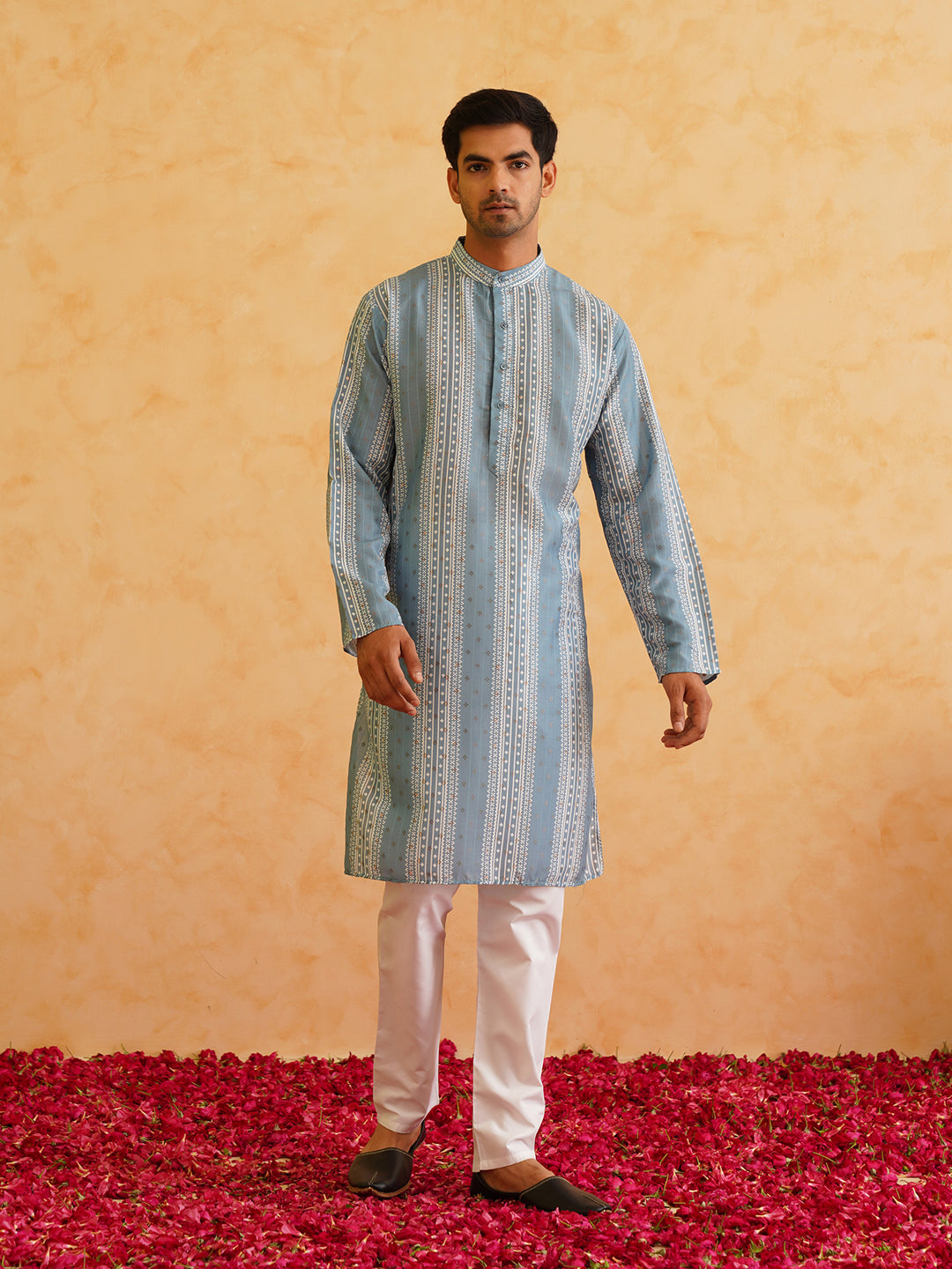 Men's Cotton Silk Printed Teal Blue Kurta with Churidaar Pyjama