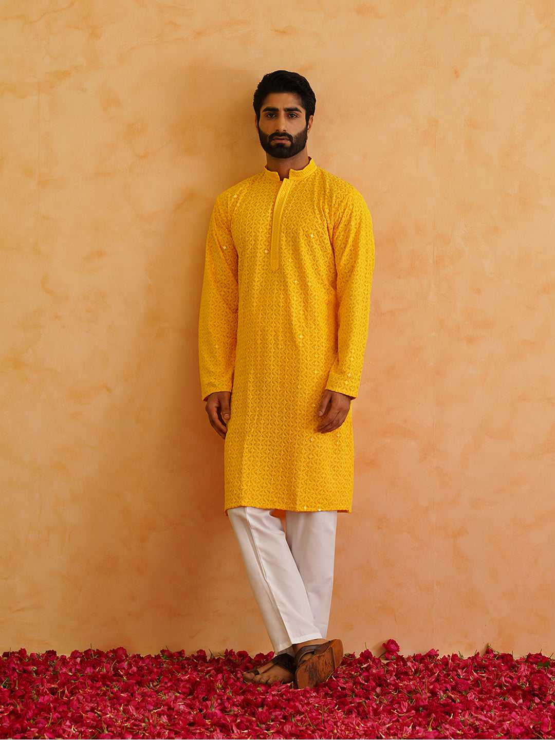 Men's Ethnic Motifs Embroidered Sequinned Mustard Cotton Kurta and White Pyjama