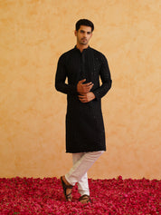 Men's Ethnic Motifs Embroidered Sequinned Black Cotton Kurta and White Pyjama