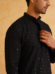 Men's Ethnic Motifs Embroidered Sequinned Black Cotton Kurta and White Pyjama