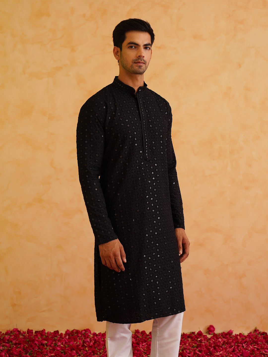 Men's Ethnic Motifs Embroidered Sequinned Black Cotton Kurta and White Pyjama