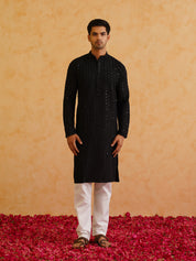 Men's Ethnic Motifs Embroidered Sequinned Black Cotton Kurta and White Pyjama