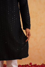 Men's Ethnic Motifs Embroidered Sequinned Black Cotton Kurta and White Pyjama