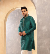 Men's Silk Blend Teal Green Self Design ONLY Long Kurta