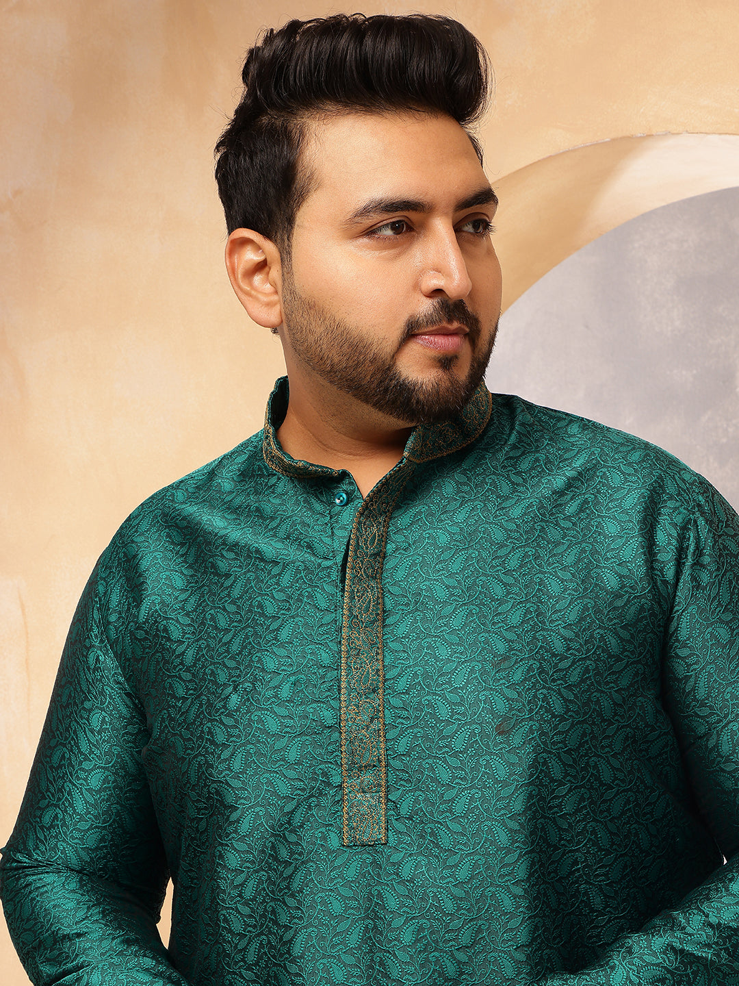 Men's Silk Blend Teal Green Self Design ONLY Long Kurta
