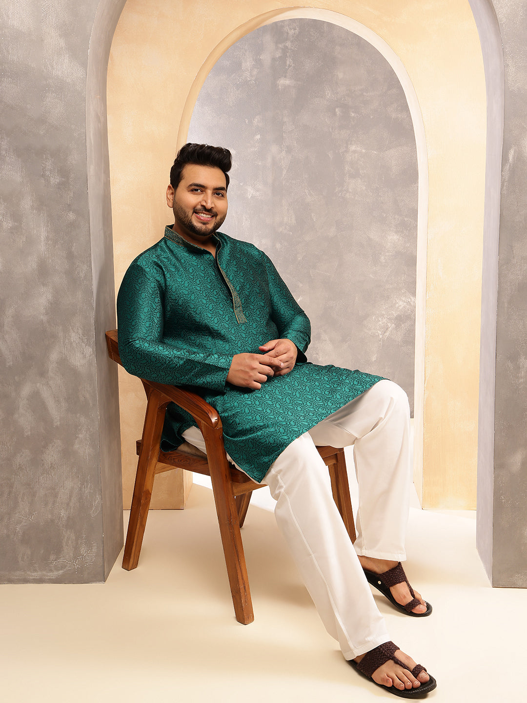 Men's Silk Blend Teal Green Self Design ONLY Long Kurta