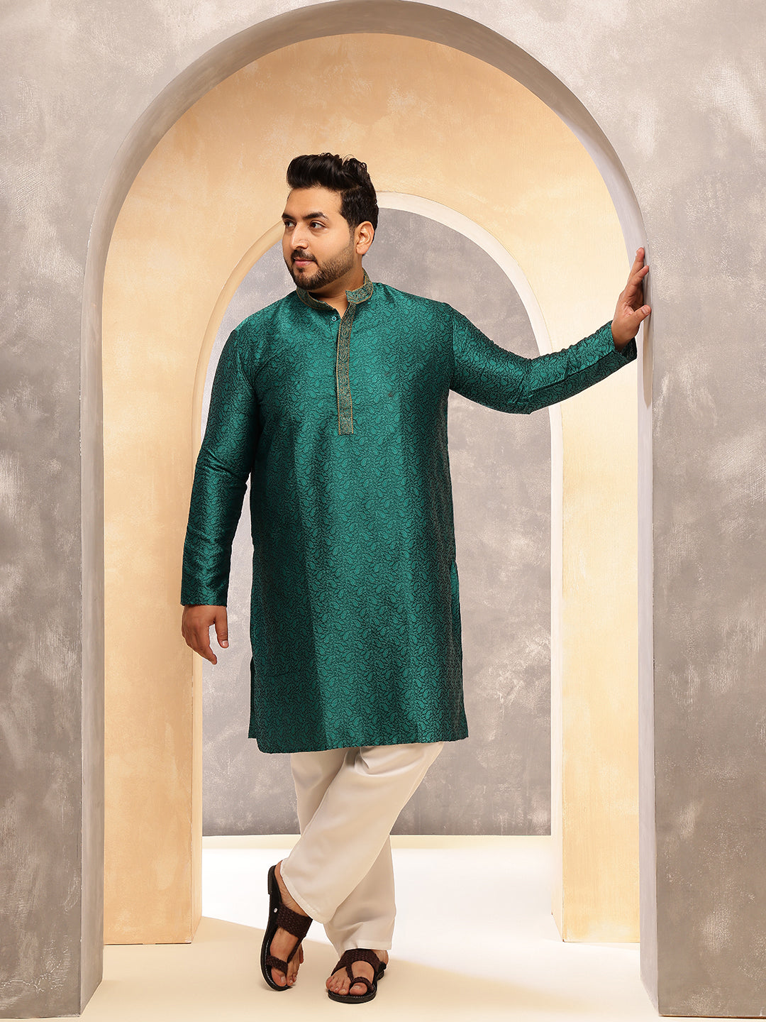 Men's Silk Blend Teal Green Self Design ONLY Long Kurta