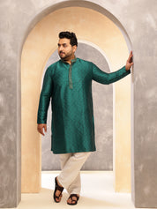 Men's Silk Blend Teal Green Self Design ONLY Long Kurta