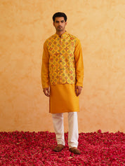 Men's Cotton Mustard Solid Kurta & Printed Nehrujacket With white churidar