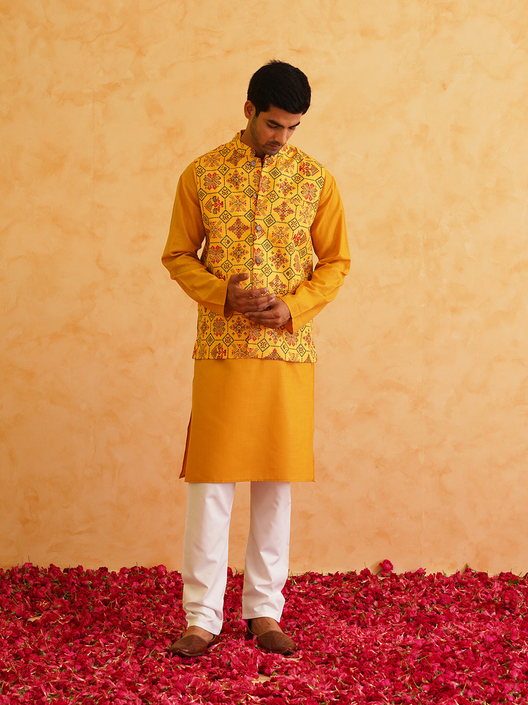 Men's Cotton Mustard Solid Kurta & Printed Nehrujacket With white churidar