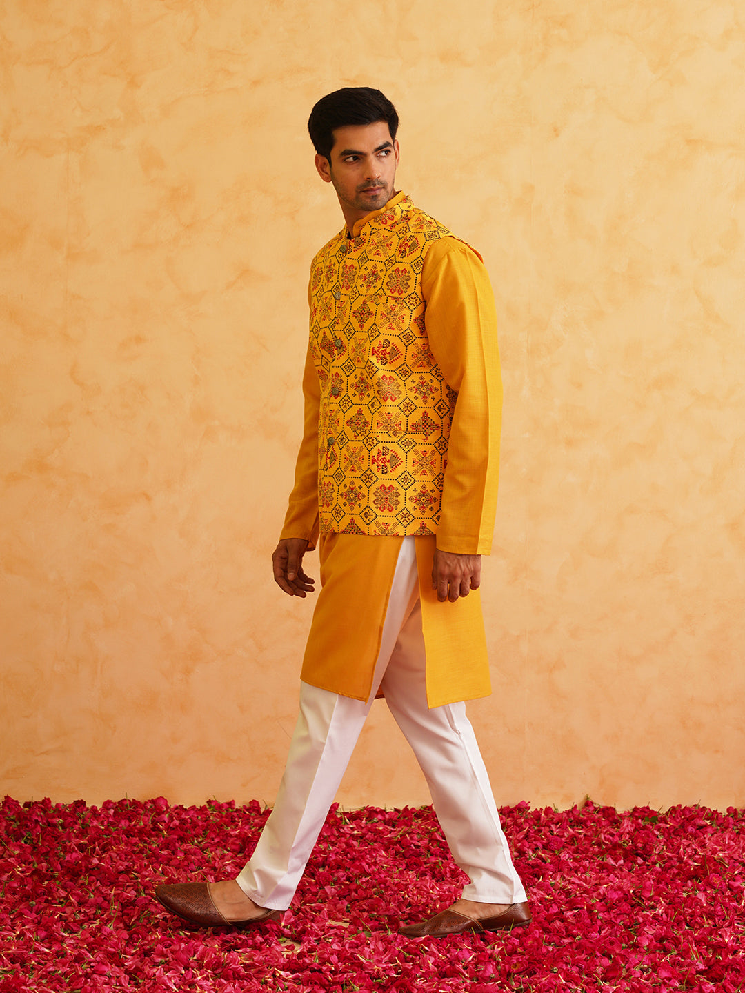 Men's Cotton Mustard Solid Kurta & Printed Nehrujacket With white churidar