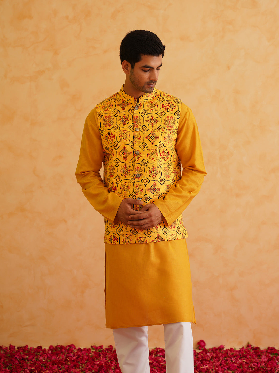 Men's Cotton Mustard Solid Kurta & Printed Nehrujacket With white churidar