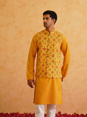 Men's Cotton Mustard Solid Kurta & Printed Nehrujacket With white churidar