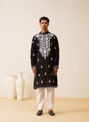 Men's Cotton Neck Embroidered Black Kurta with Pyjama