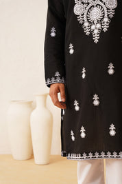 Men's Cotton Neck Embroidered Black Kurta with Pyjama